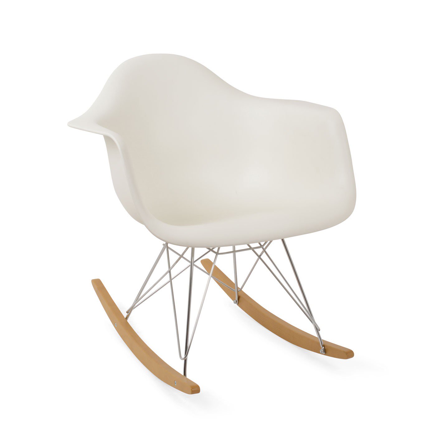 Mecedora estilo Eames en plástico inyectado, metal cromado y madera