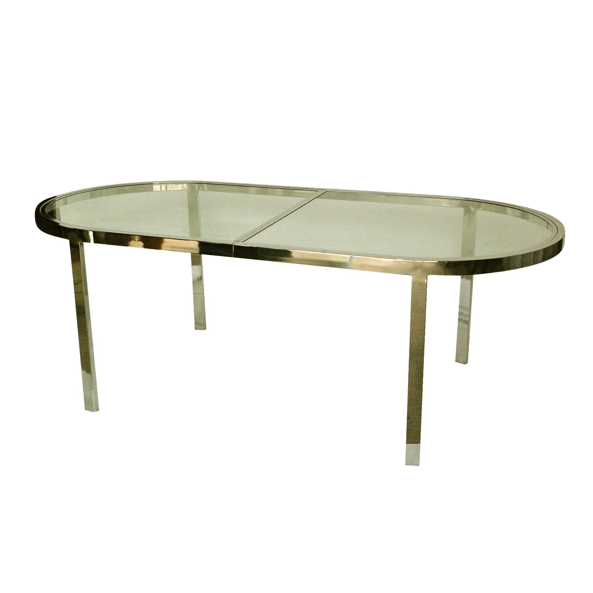 Milo Baughman. Mesa de comedor Racetrack en latón y vidrio con extensiones
