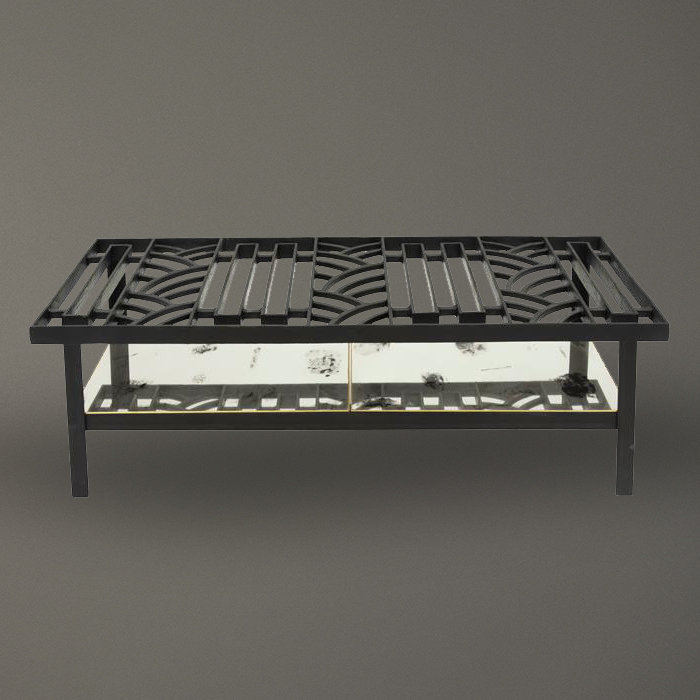 Mesa de centro estilo Art Decó en acero negro con nivel inferior de espejo