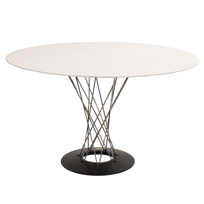 Isamu Noguchi para Knoll Internacional. Mesa de comedor Cyclone en varilla cromada, metal negro y madera laminada blanca