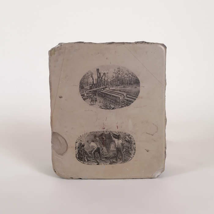 Placa litográfica con 2 ilustraciones alusivas a la silvicultura y la minería