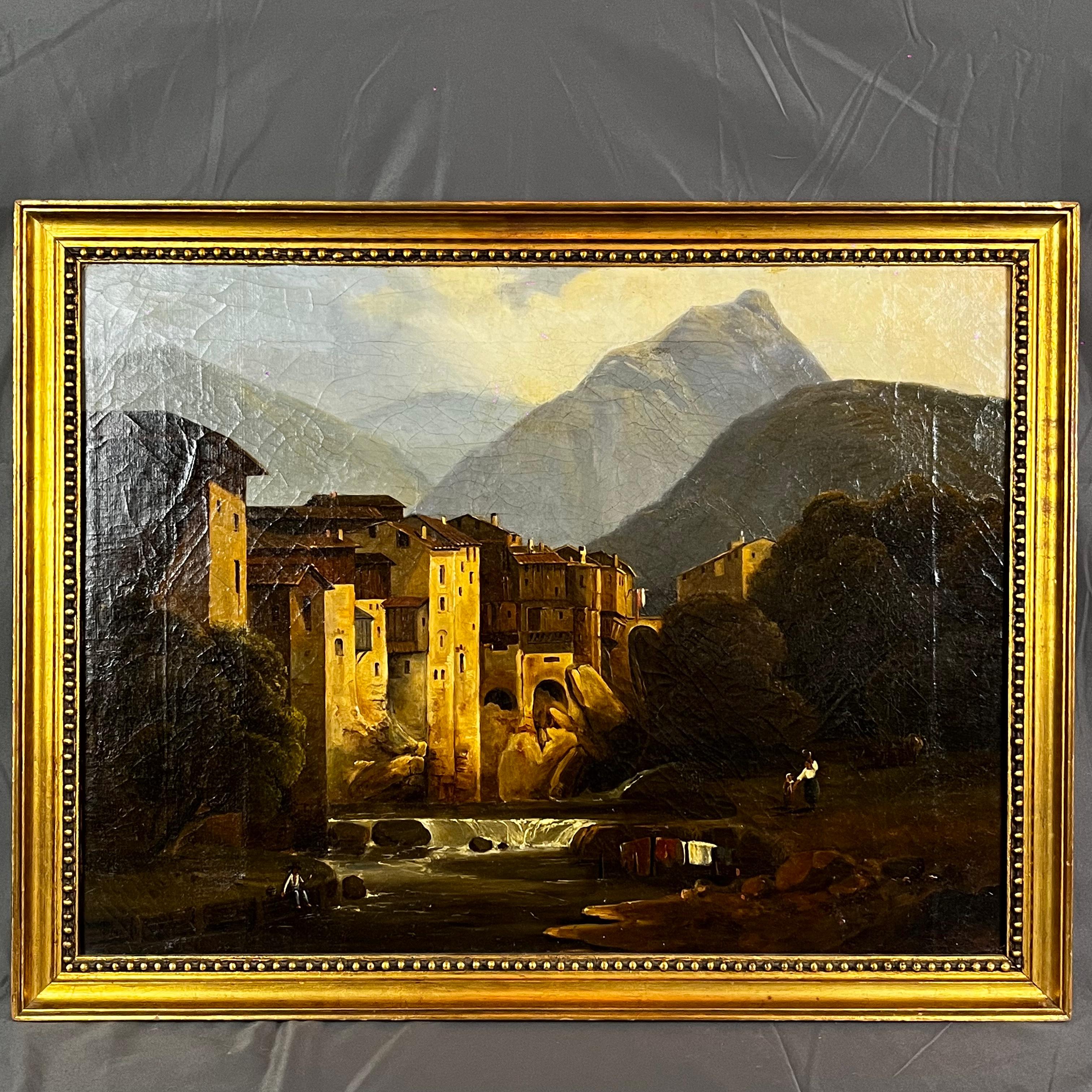 Autor no identificado. Vista de pueblo con lavanderas. Óleo sobre tela