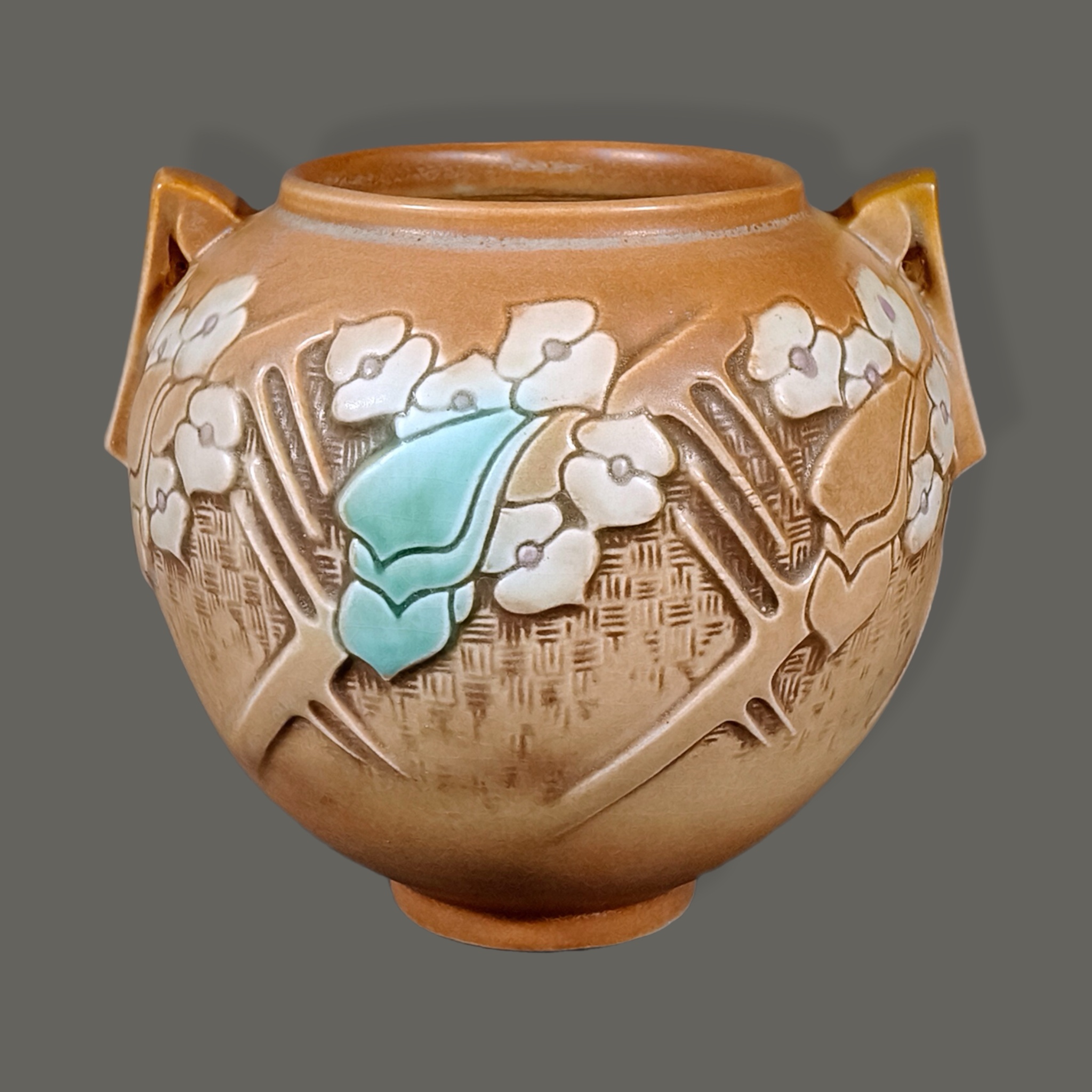 Roseville Pottery. Jarrón de cerámica alta temperatura línea Clemana en café