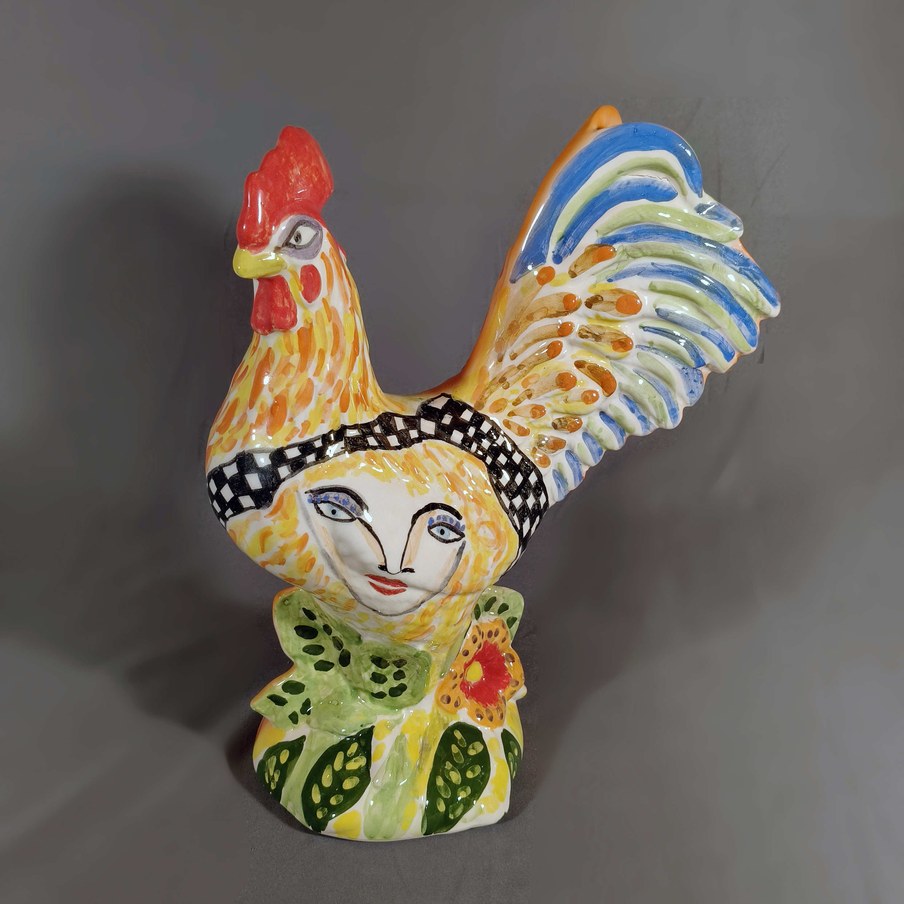 Eric Ledoux. Gallo con rostro en cerámica policromada